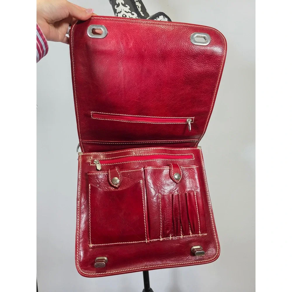 Vintage Italian Genuine Leather Organizer Satchel Crossbody with Shoulder Strap